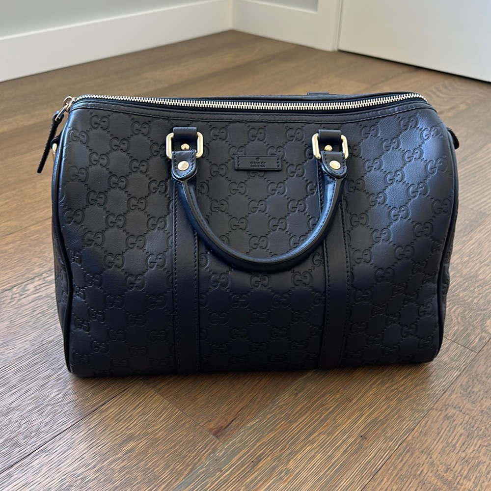 Gucci Joy Boston handbag , color is navy, size is height: 8.26in. Width: 12.2in
